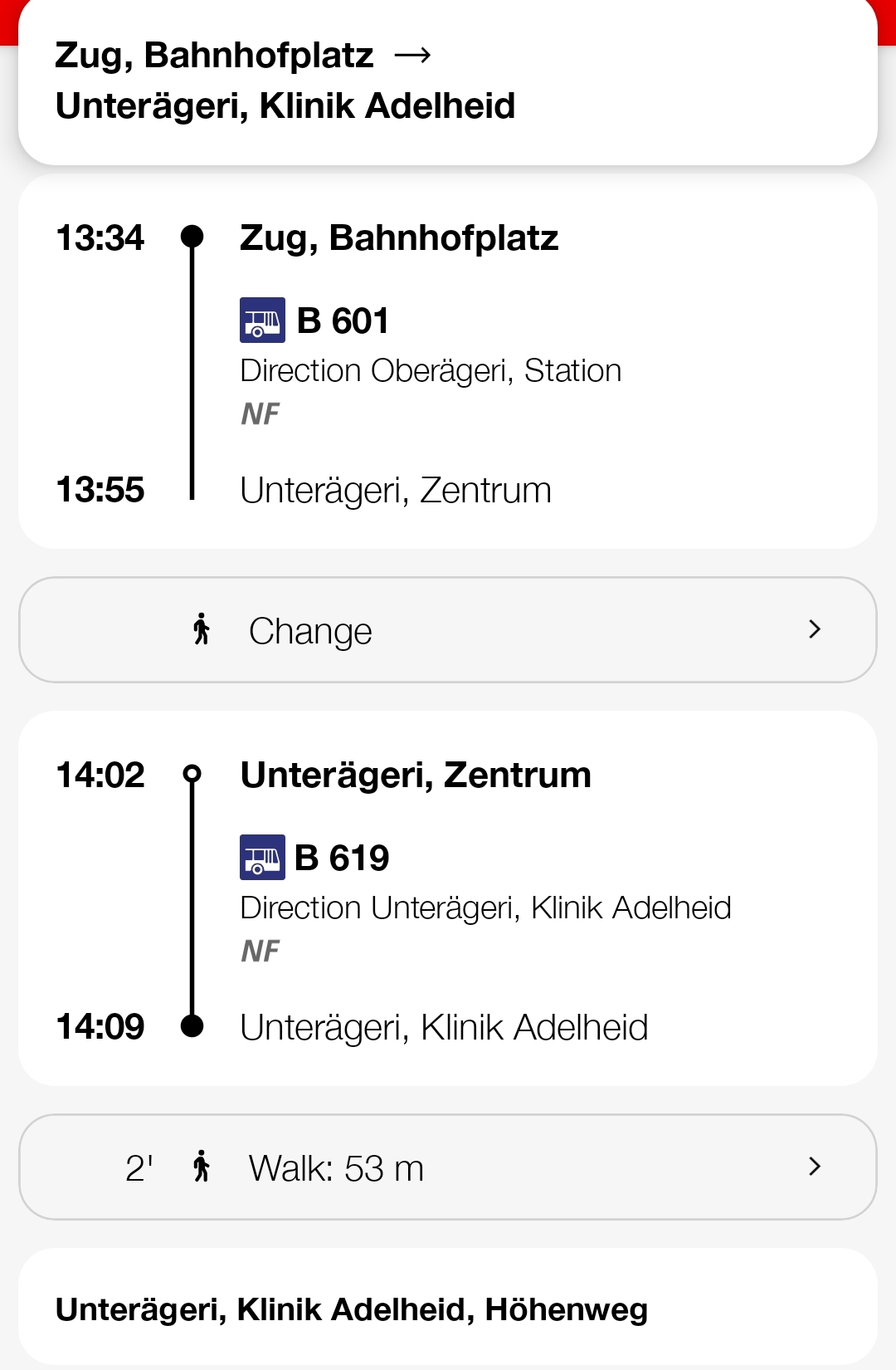 Zug, Bahnhofplatz →Unterägeri, Klinik Adelheid