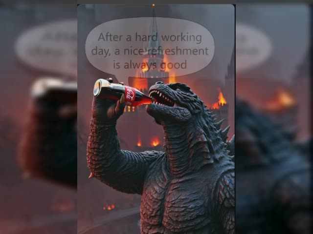 Godzilla drinks coca cola after burning cremlin